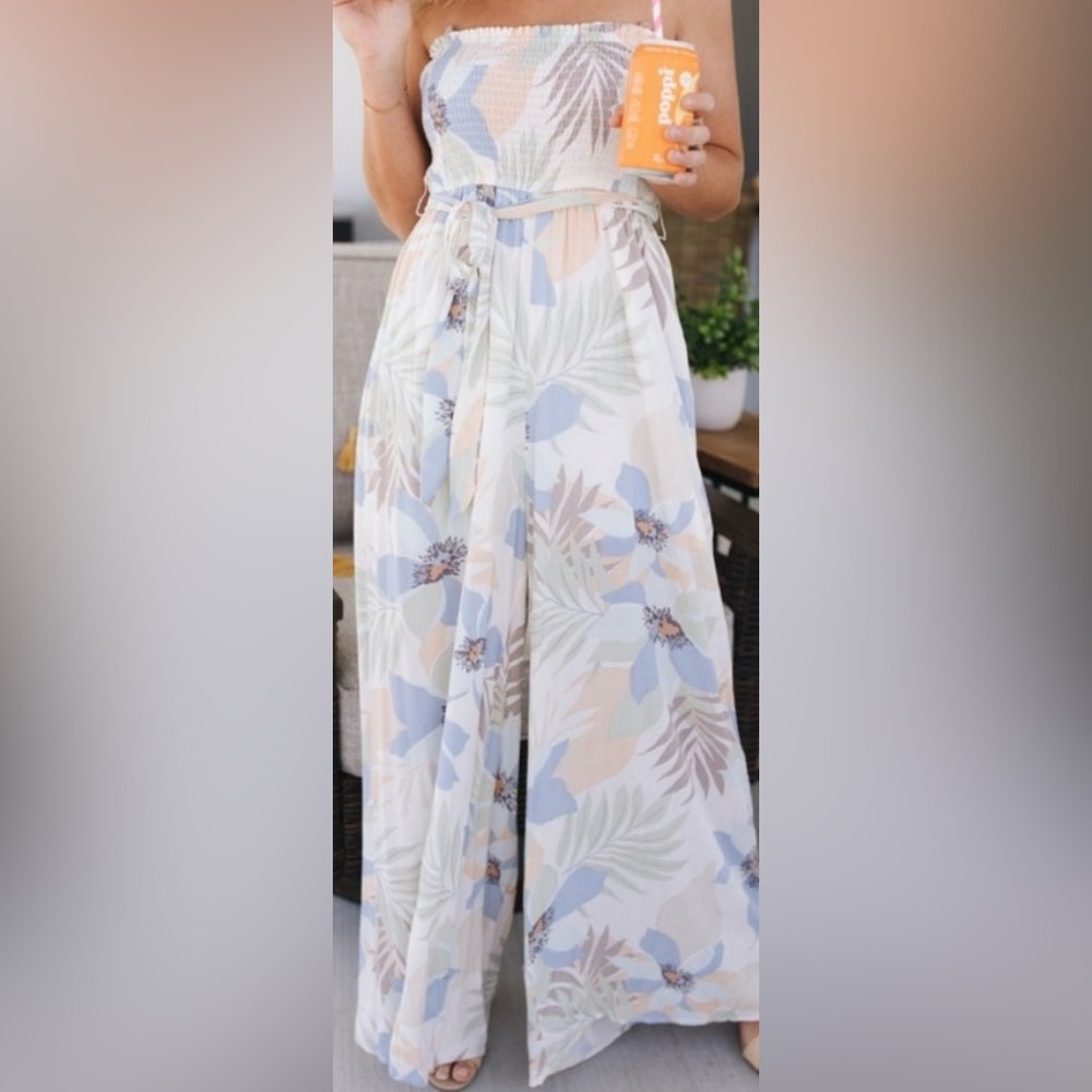 NWT Mittoshop Blue Floral Pastel Wide Leg Strapless Jumpsuit